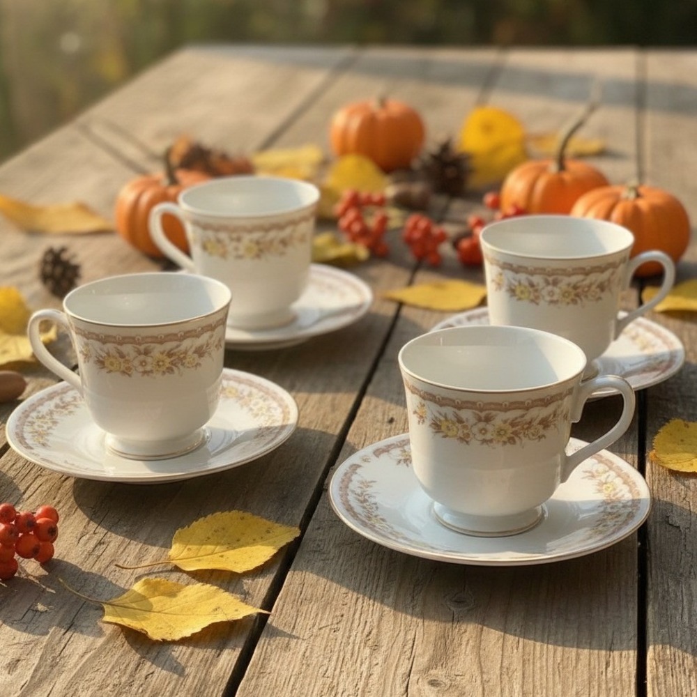 EKCO International Golden Autumn Teacup & Saucers, Set of 4, Vintage Dinnerware